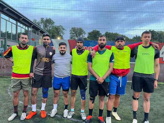 MCFC 5-a-side football team lineup before Premier League match at Goals, Glasgow on July 9, 2024