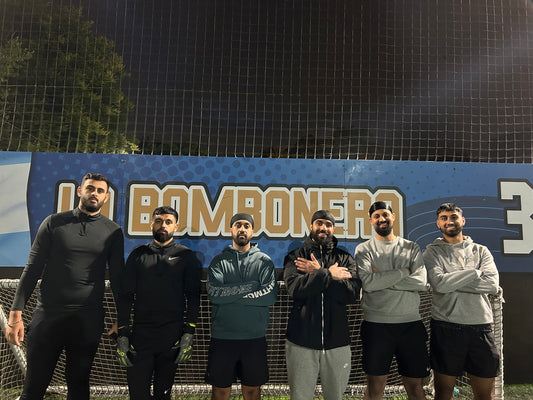 Braygos 5-a-side football team lineup before Premier League match against MCFC at Goals Shawlands, Glasgow