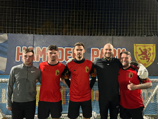 Beechwood 5-a-side football team lineup before Premier League match at Goals Shawlands, Glasgow