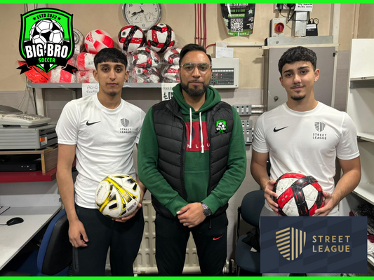 Big Bro Soccer founder Eggy with two new recruits from Street League at Goals Shawlands, Glasgow, before a 5-a-side football match