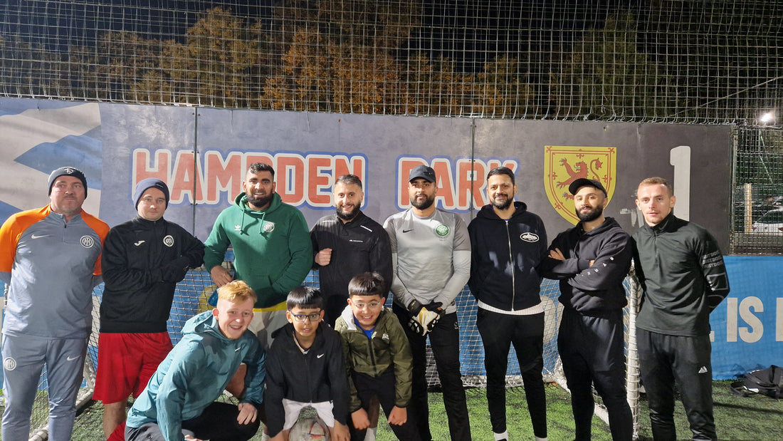 Galacticos 5-a-side football team lineup before their famous 18-10 victory over Le Dream Team at Goals, Glasgow
