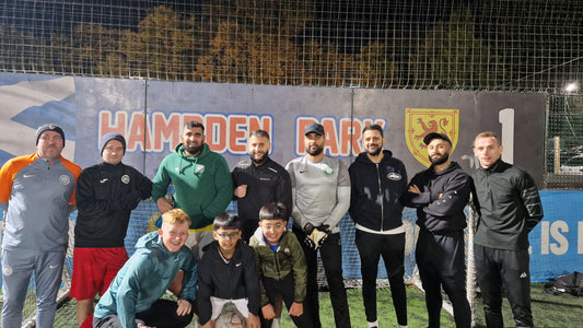 Galacticos 5-a-side football team lineup before their famous 18-10 victory over Le Dream Team at Goals, Glasgow