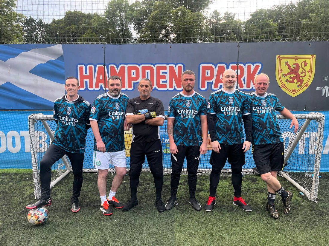 Southsiders 5-a-side football team lineup before a match at Goals, Glasgow in the Big Bro Soccer League