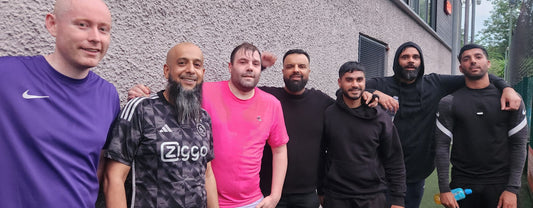 Stoaters FC 5-a-side football team lineup before their narrow 10-9 victory against Old Shieldz in the Over 35’s League at Goals, Glasgow