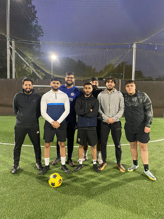 G5 FC 7-a-side football team lineup before friendly match at Roukenglen, Glasgow