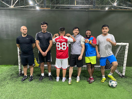 Real Warriors team lineup ahead of their 9-5 victory over Dennistoun F.C in the Conference League Quarter-Final at Super Soccer, Glasgow