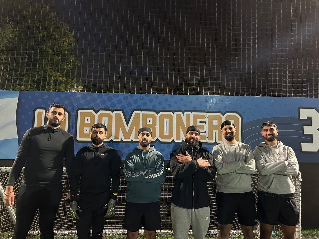 Braygos 5-a-side football team lineup before Premier League match against MCFC at Goals Shawlands, Glasgow