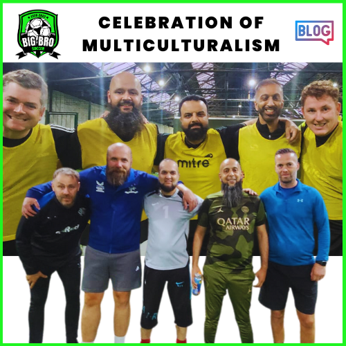 Multicultural football team from Big Bro Soccer celebrating unity through sport after an Over 35s friendly match, exemplifying inclusion and diversity at Goals, Glasgow