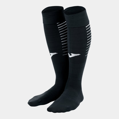 Joma Premier knee-length football socks in black, featuring ribbed cuffs for a secure fit