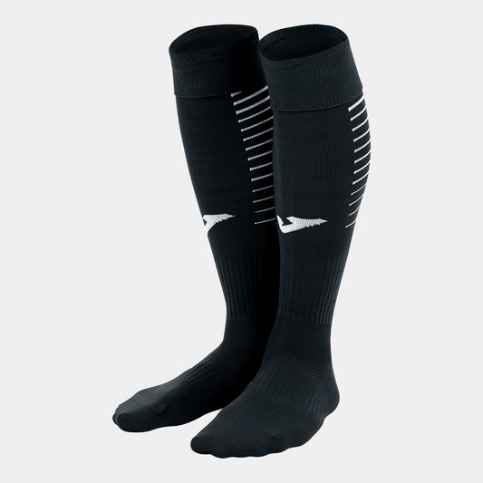 Joma Premier knee-length football socks in black, featuring ribbed cuffs for a secure fit